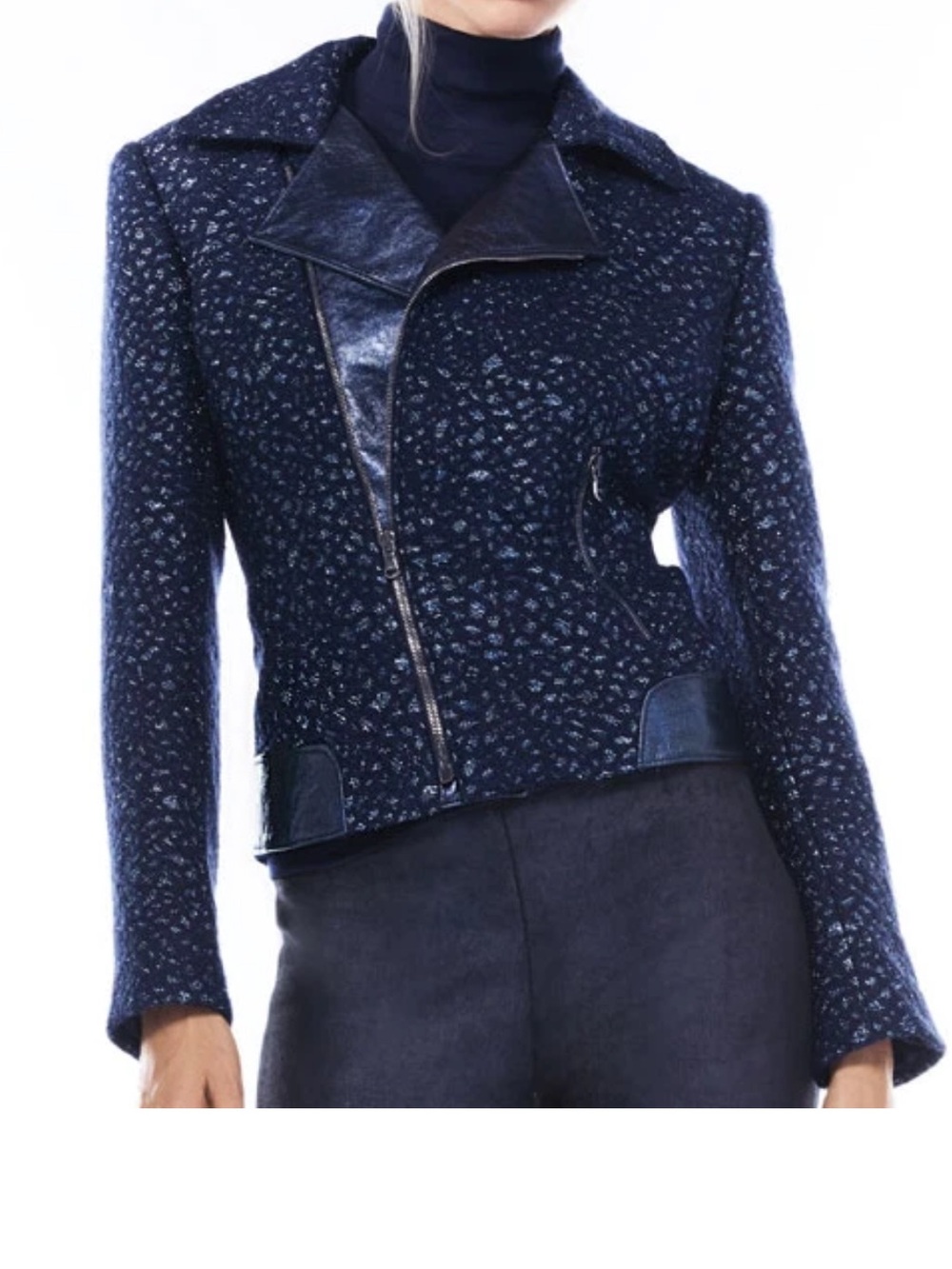 NWT Mae Metallic Blue Leather & Tweed Moto Jacket sz 0